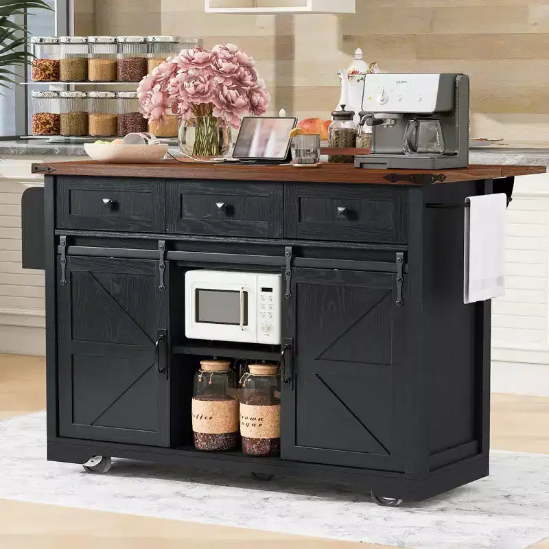 Carrello da Cucina in Legno Whisen Farmhouse con Anta a Ribalta, 2 Ante Scorrevoli Stile Fienile, Porta Asciugamani, Porta Spezie, 3 Cassetti