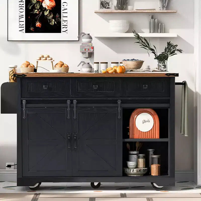 Carrello da Cucina in Legno Whisen Farmhouse con Anta a Ribalta, 2 Ante Scorrevoli Stile Fienile, Porta Asciugamani, Porta Spezie, 3 Cassetti
