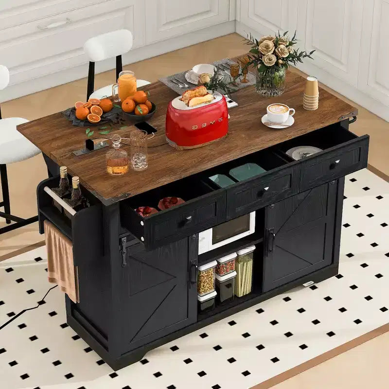 Carrello da Cucina in Legno Whisen Farmhouse con Anta a Ribalta, 2 Ante Scorrevoli Stile Fienile, Porta Asciugamani, Porta Spezie, 3 Cassetti