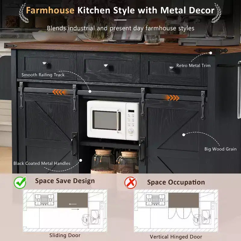 Carrello da Cucina in Legno Whisen Farmhouse con Anta a Ribalta, 2 Ante Scorrevoli Stile Fienile, Porta Asciugamani, Porta Spezie, 3 Cassetti