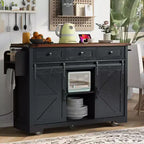 Whisen Farmhouse Wood Kitchen Cart with Drop Leaf, 2-Sliding Barn Doors, Towel Rack, Spice Rack, 3-Drawers