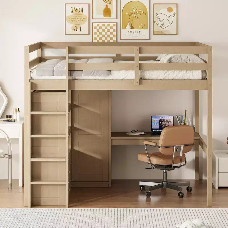 Letto a soppalco in legno a grandezza naturale con armadio, scrivania, mensole e cassetti incorporati - ModernLuxe