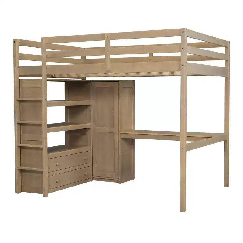 Letto a soppalco in legno a grandezza naturale con armadio, scrivania, mensole e cassetti incorporati - ModernLuxe