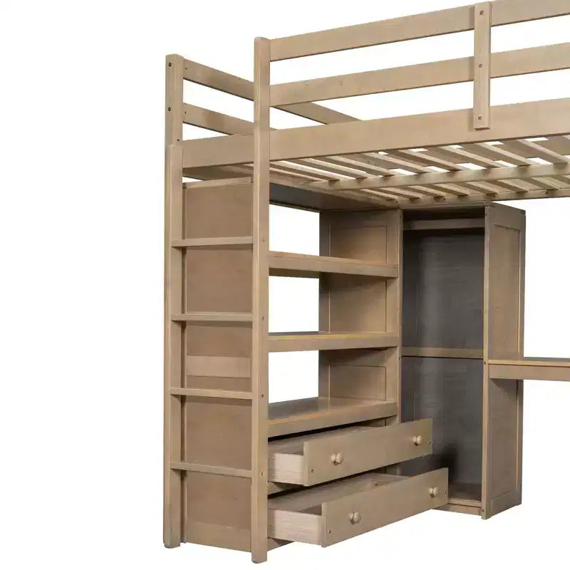 Letto a soppalco in legno a grandezza naturale con armadio, scrivania, mensole e cassetti incorporati - ModernLuxe