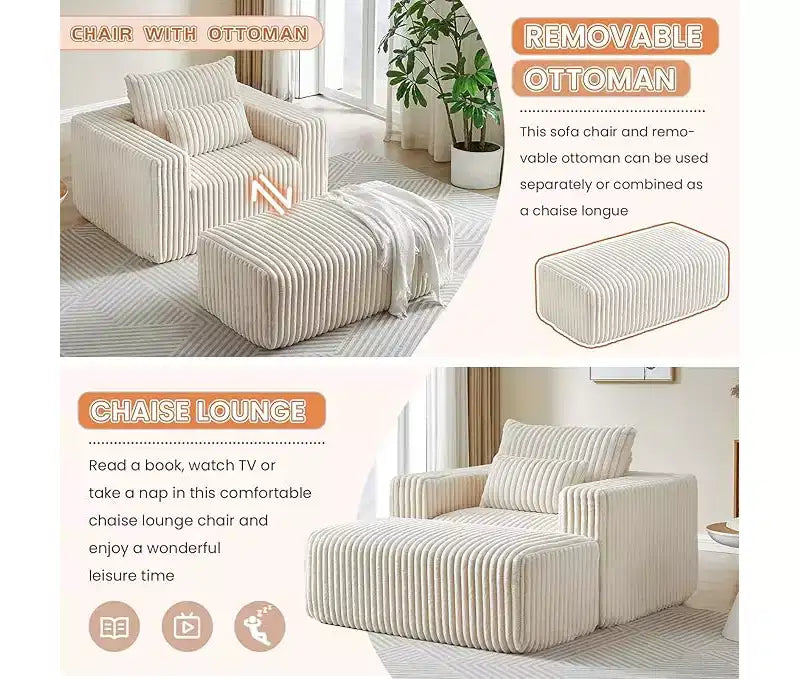 GDFStudio Valerie 62,5 D Poltrona a sacco oversize in velluto a coste, Poltrona lounge singola imbottita con pouf