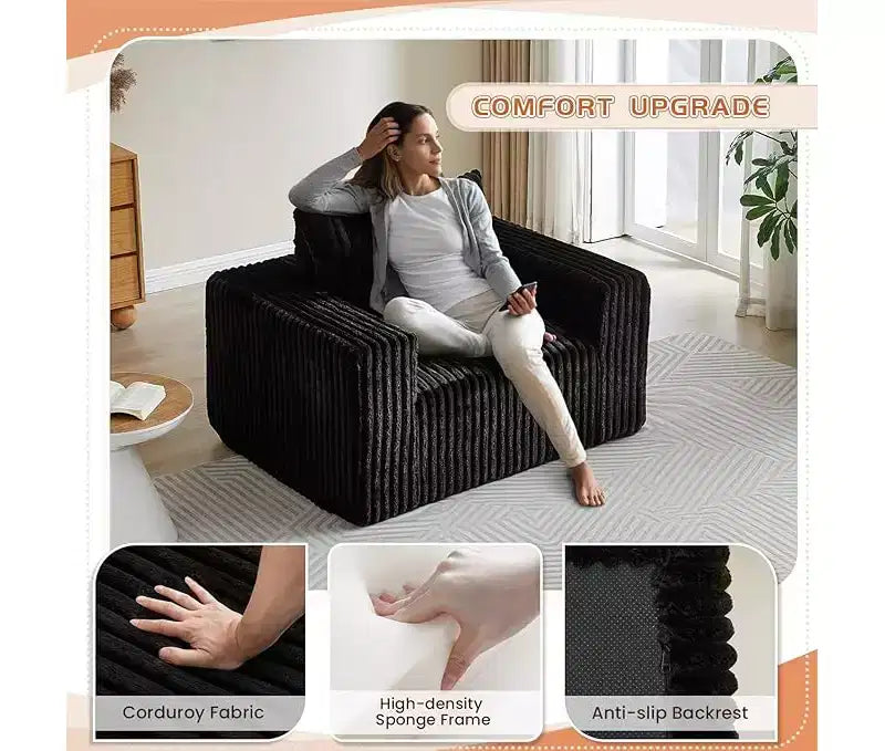 GDFStudio Valerie 62,5 D Poltrona a sacco oversize in velluto a coste, Poltrona lounge singola imbottita con pouf