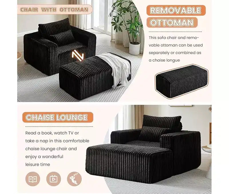 GDFStudio Valerie 62,5 D Poltrona a sacco oversize in velluto a coste, Poltrona lounge singola imbottita con pouf