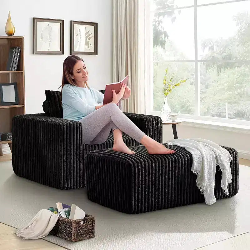 GDFStudio Valerie 62,5 D Poltrona a sacco oversize in velluto a coste, Poltrona lounge singola imbottita con pouf