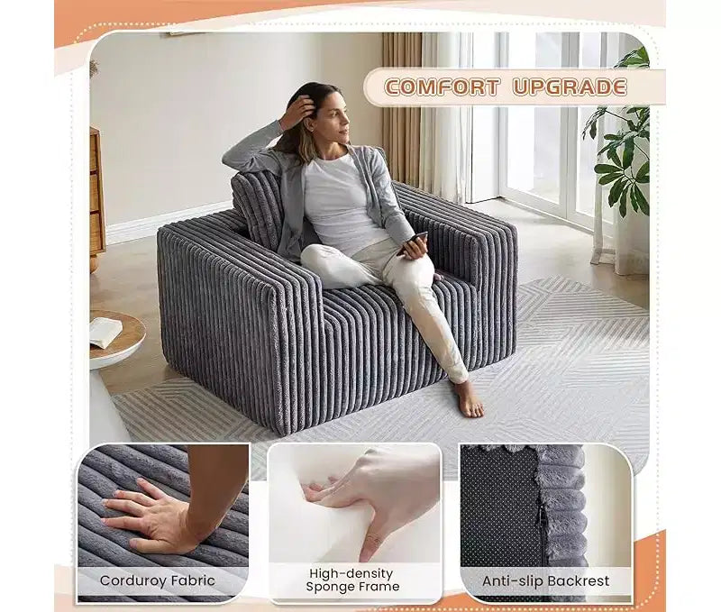 GDFStudio Valerie 62,5 D Poltrona a sacco oversize in velluto a coste, Poltrona lounge singola imbottita con pouf
