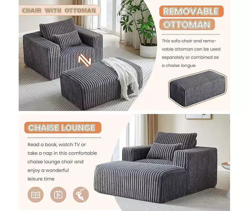 GDFStudio Valerie 62,5 D Poltrona a sacco oversize in velluto a coste, Poltrona lounge singola imbottita con pouf
