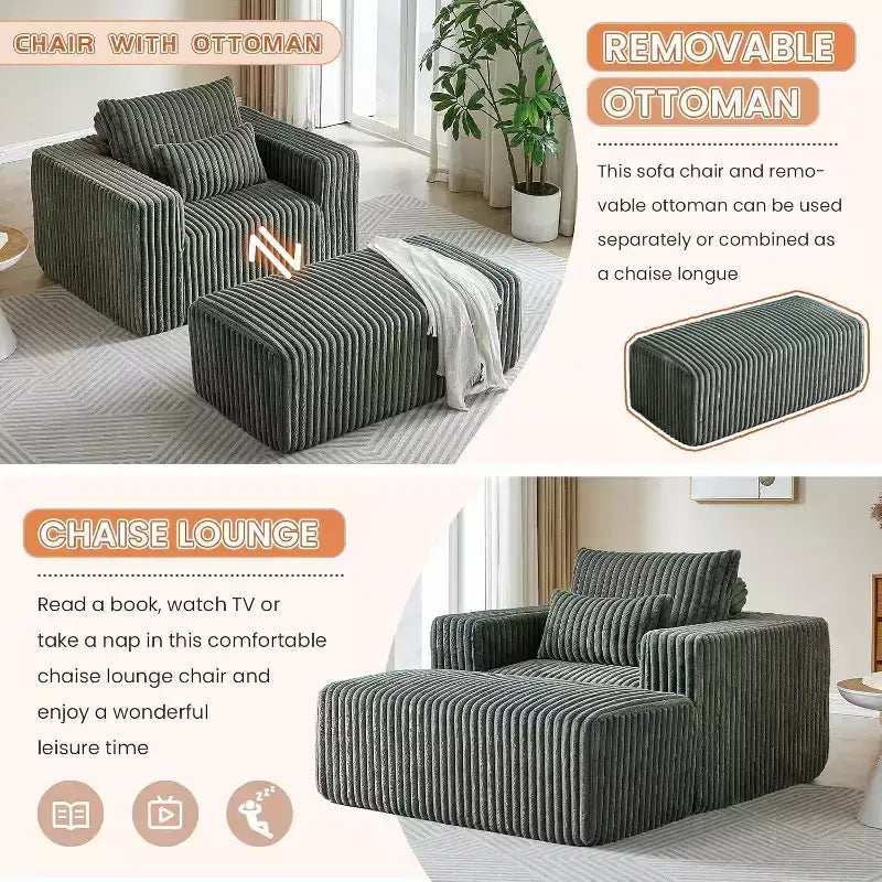 GDFStudio Valerie 62,5 D Poltrona a sacco oversize in velluto a coste, Poltrona lounge singola imbottita con pouf