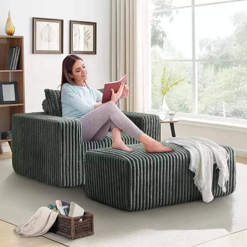 GDFStudio Valerie 62,5 D Poltrona a sacco oversize in velluto a coste, Poltrona lounge singola imbottita con pouf