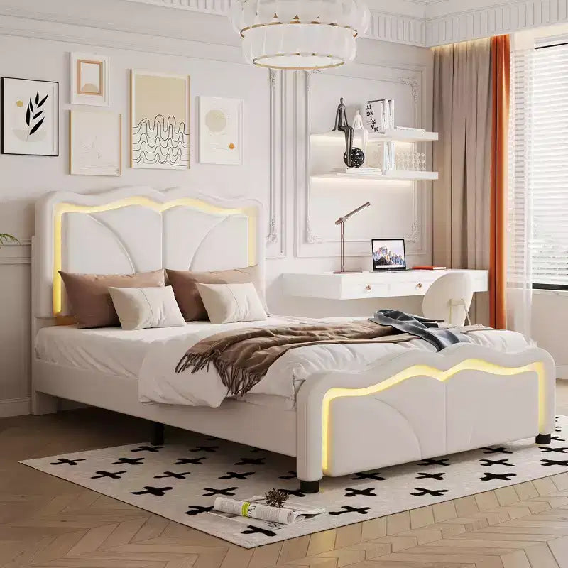 Letto a piattaforma imbottito Whisen Twin Size con testiera curva, regolabile in altezza e strisce luminose a LED