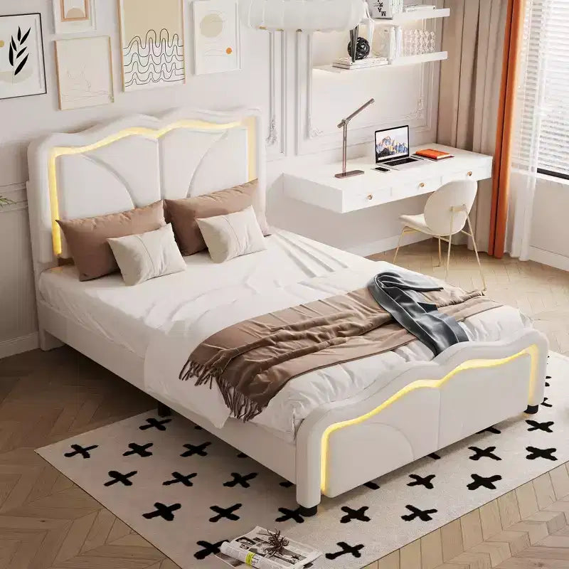 Letto a piattaforma imbottito Whisen Twin Size con testiera curva, regolabile in altezza e strisce luminose a LED