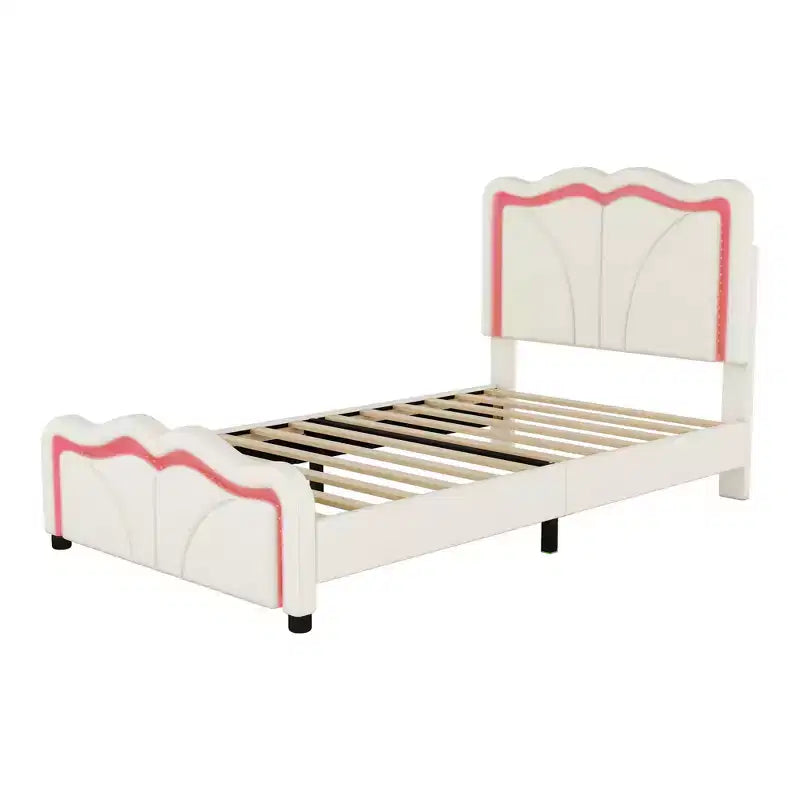 Letto a piattaforma imbottito Whisen Twin Size con testiera curva, regolabile in altezza e strisce luminose a LED