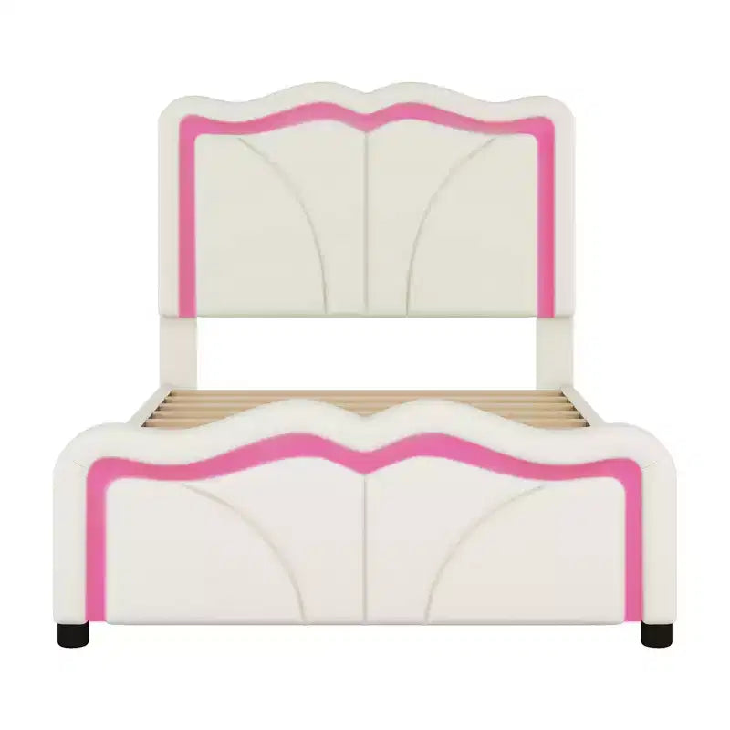 Letto a piattaforma imbottito Whisen Twin Size con testiera curva, regolabile in altezza e strisce luminose a LED