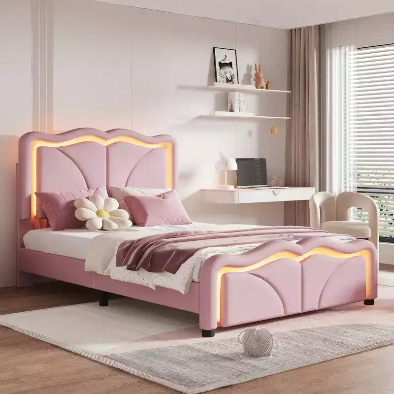 Letto a piattaforma imbottito Whisen Twin Size con testiera curva, regolabile in altezza e strisce luminose a LED