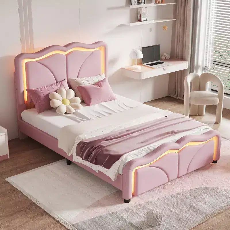 Letto a piattaforma imbottito Whisen Twin Size con testiera curva, regolabile in altezza e strisce luminose a LED