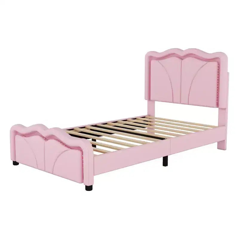 Letto a piattaforma imbottito Whisen Twin Size con testiera curva, regolabile in altezza e strisce luminose a LED