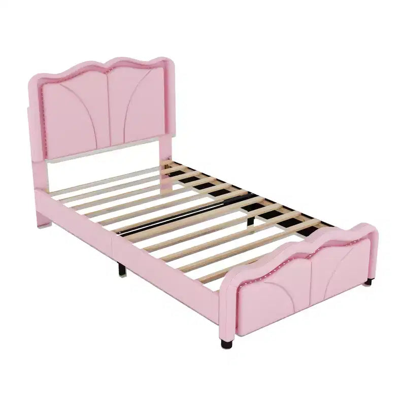 Letto a piattaforma imbottito Whisen Twin Size con testiera curva, regolabile in altezza e strisce luminose a LED