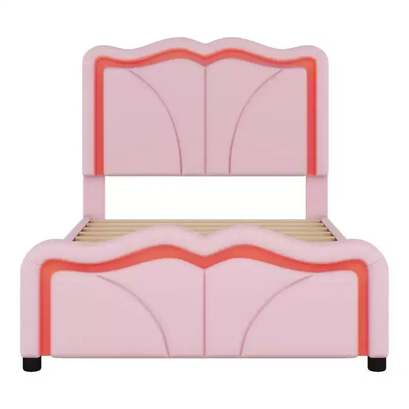 Letto a piattaforma imbottito Whisen Twin Size con testiera curva, regolabile in altezza e strisce luminose a LED
