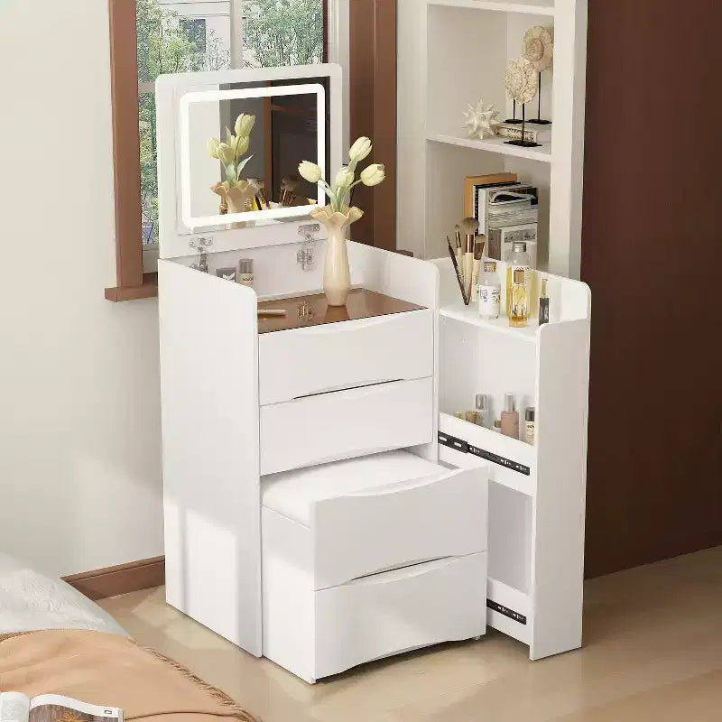 Famapy White Foldable Vanity Table with Storage All-in-One Design Side Sliding Organizer Compartments