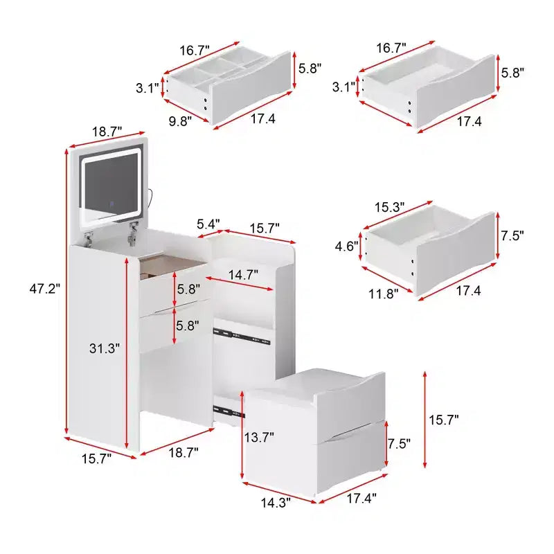 Famapy Tavolino da Trucco Pieghevole Bianco con Contenitore Design Tutto-in-Uno Scomparti Organizer a Scorrimento Laterale