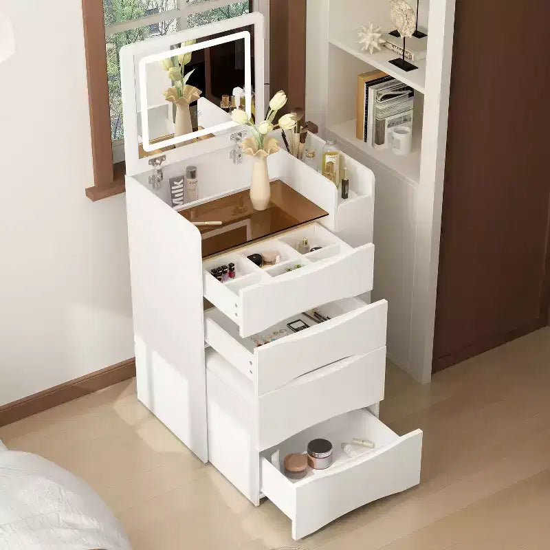 Famapy Tavolino da Trucco Pieghevole Bianco con Contenitore Design Tutto-in-Uno Scomparti Organizer a Scorrimento Laterale