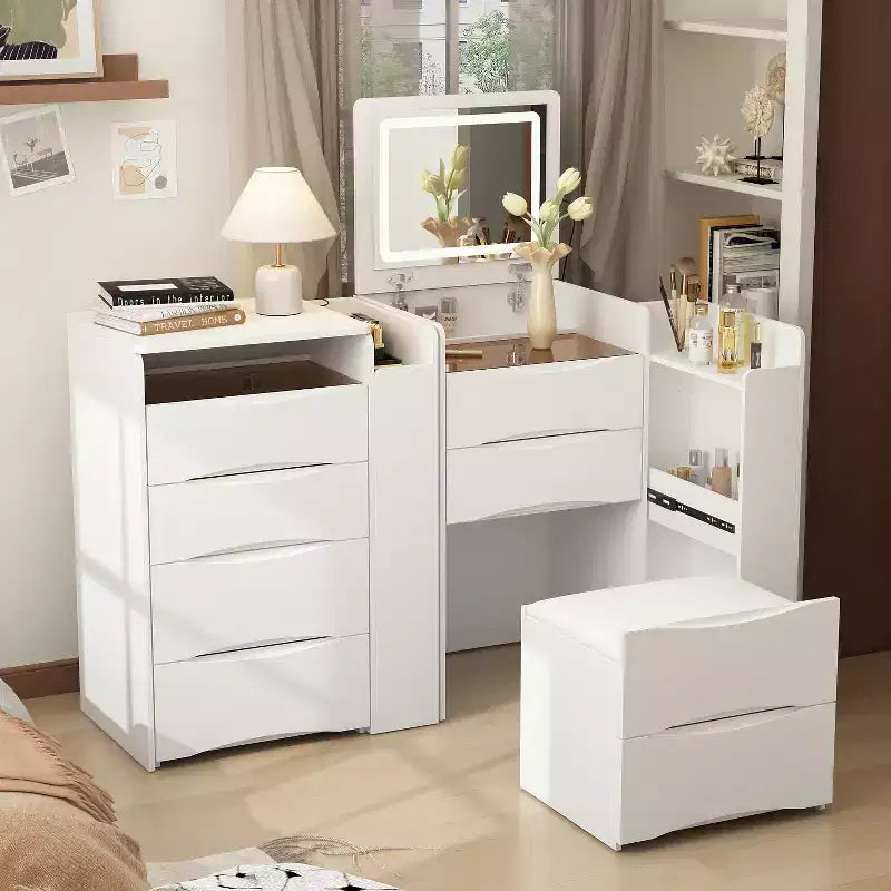 Famapy Tavolino da Trucco Pieghevole Bianco con Contenitore Design Tutto-in-Uno Scomparti Organizer a Scorrimento Laterale