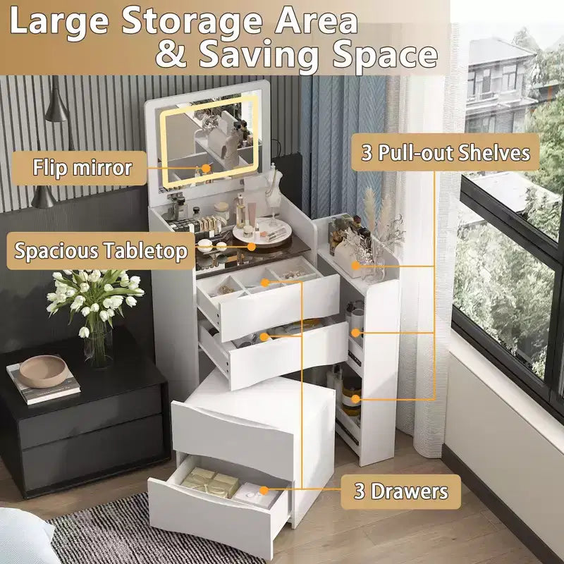 Famapy Tavolino da Trucco Pieghevole Bianco con Contenitore Design Tutto-in-Uno Scomparti Organizer a Scorrimento Laterale