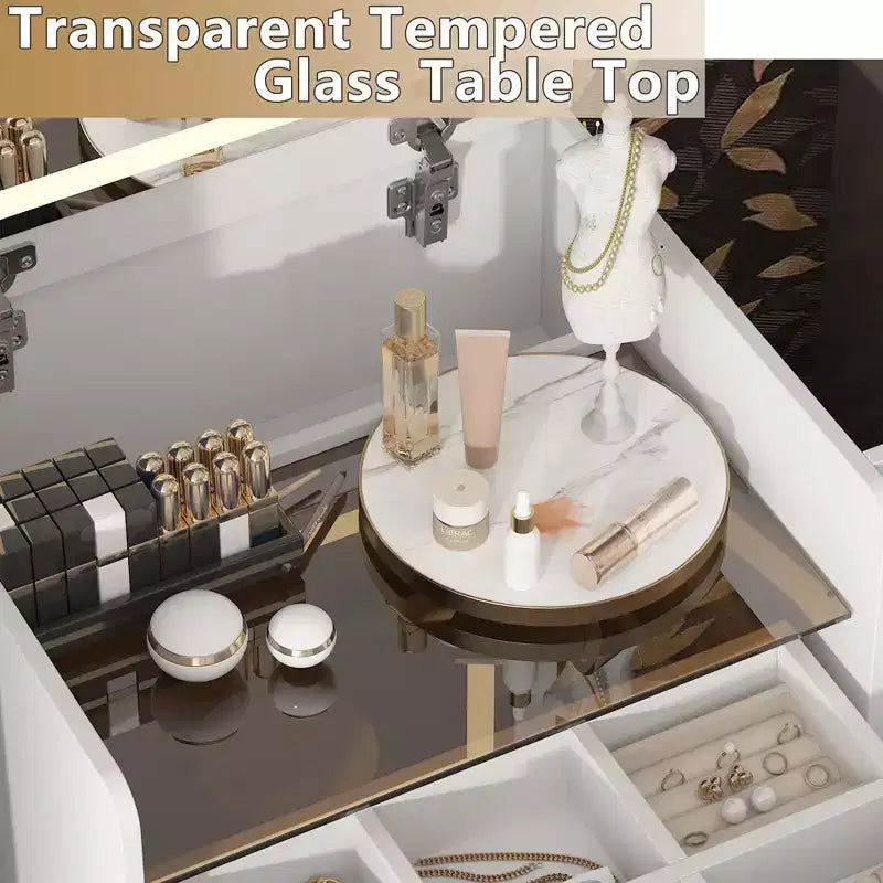 Famapy Tavolino da Trucco Pieghevole Bianco con Contenitore Design Tutto-in-Uno Scomparti Organizer a Scorrimento Laterale