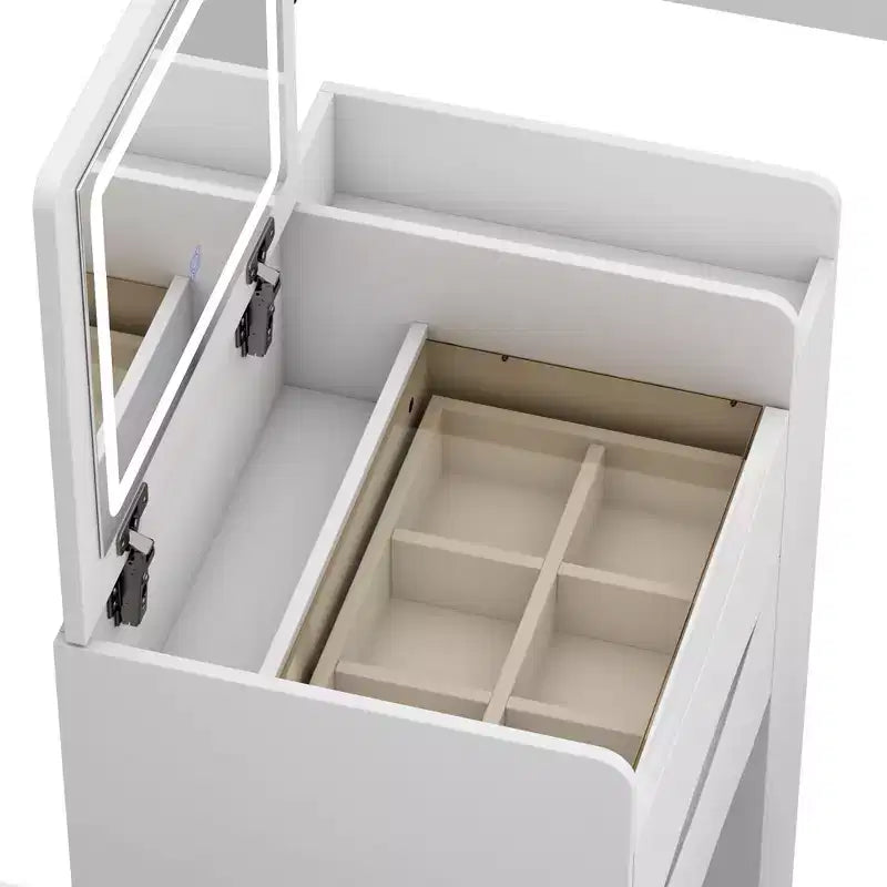 Famapy Tavolino da Trucco Pieghevole Bianco con Contenitore Design Tutto-in-Uno Scomparti Organizer a Scorrimento Laterale