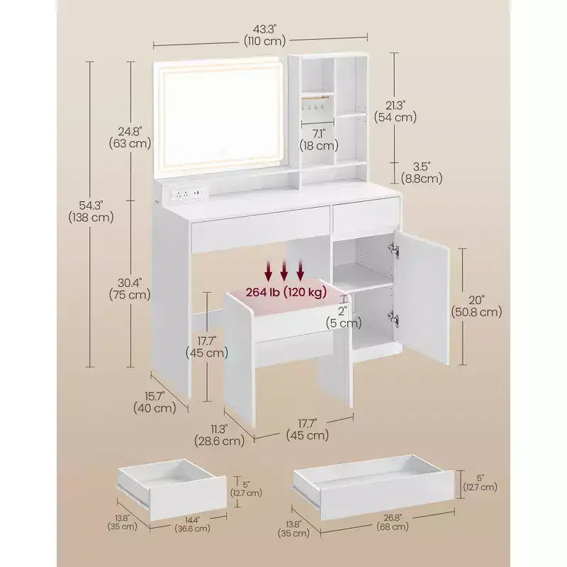 VASAGLE Toeletta con Specchio e Luci, Set Tavolo da Trucco con Sgabello, Cassetti, Portagioie, Ripiani Regolabili, Bianco Nuvola