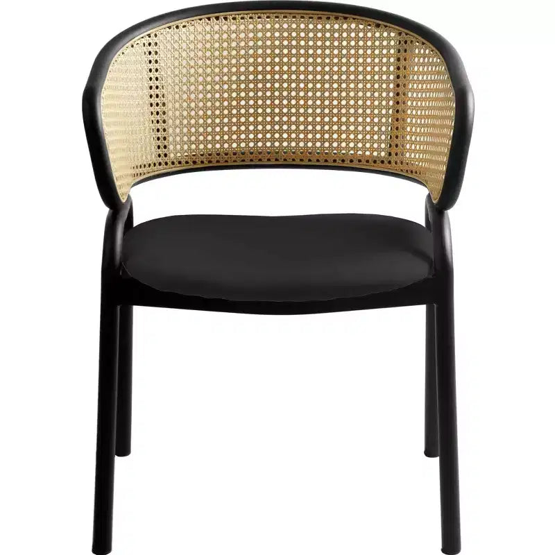 LeisureMod Ervilla Set di 2 sedie da pranzo con schienale in vimini, sedile in pelle e struttura in acciaio nero, moderno, per cucina interna, sala da pranzo, posti a sedere a tavola