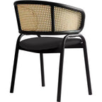 LeisureMod Ervilla Set di 2 sedie da pranzo con schienale in vimini, sedile in pelle e struttura in acciaio nero, moderno, per cucina interna, sala da pranzo, posti a sedere a tavola