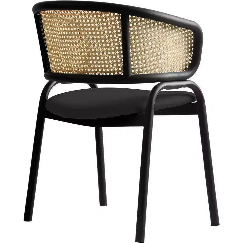 LeisureMod Ervilla Set di 2 sedie da pranzo con schienale in vimini, sedile in pelle e struttura in acciaio nero, moderno, per cucina interna, sala da pranzo, posti a sedere a tavola