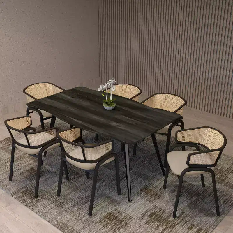LeisureMod Ervilla Set di 2 sedie da pranzo con schienale in vimini, sedile in pelle e struttura in acciaio nero, moderno, per cucina interna, sala da pranzo, posti a sedere a tavola