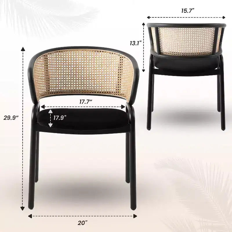 LeisureMod Ervilla Set di 2 sedie da pranzo con schienale in vimini, sedile in pelle e struttura in acciaio nero, moderno, per cucina interna, sala da pranzo, posti a sedere a tavola