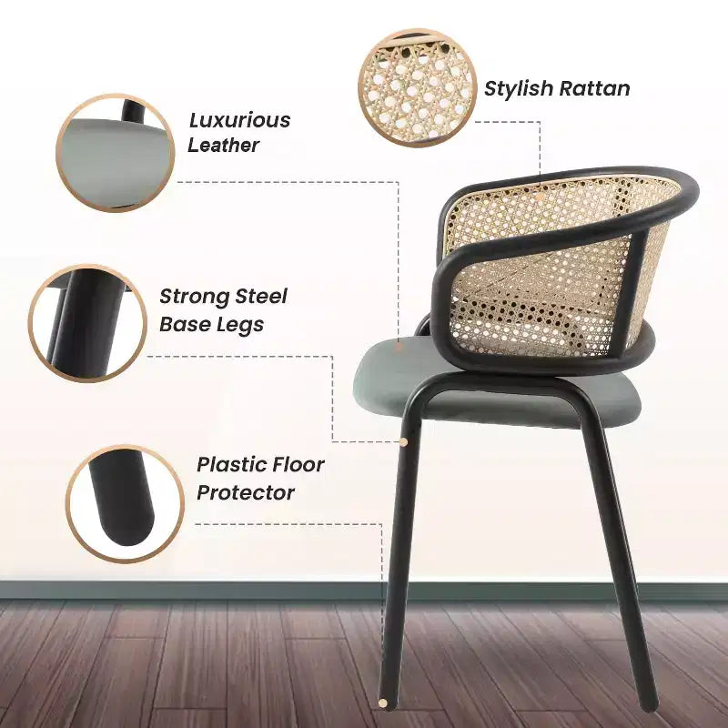 LeisureMod Ervilla Set di 2 sedie da pranzo con schienale in vimini, sedile in pelle e struttura in acciaio nero, moderno, per cucina interna, sala da pranzo, posti a sedere a tavola