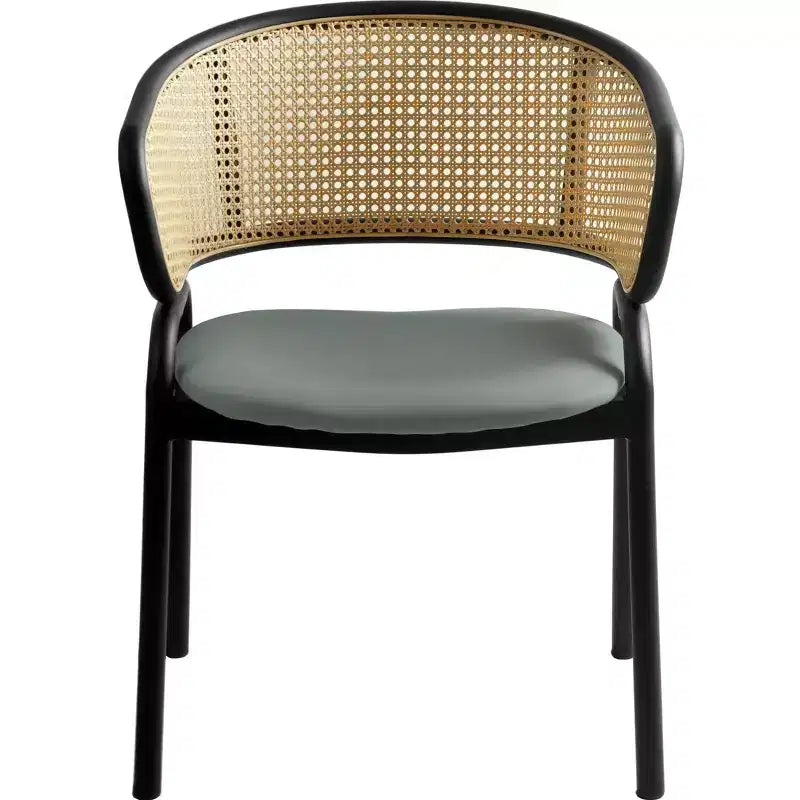 LeisureMod Ervilla Set di 2 sedie da pranzo con schienale in vimini, sedile in pelle e struttura in acciaio nero, moderno, per cucina interna, sala da pranzo, posti a sedere a tavola