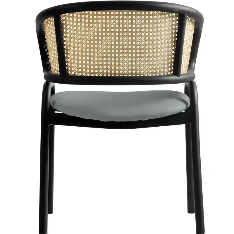 LeisureMod Ervilla Set di 2 sedie da pranzo con schienale in vimini, sedile in pelle e struttura in acciaio nero, moderno, per cucina interna, sala da pranzo, posti a sedere a tavola