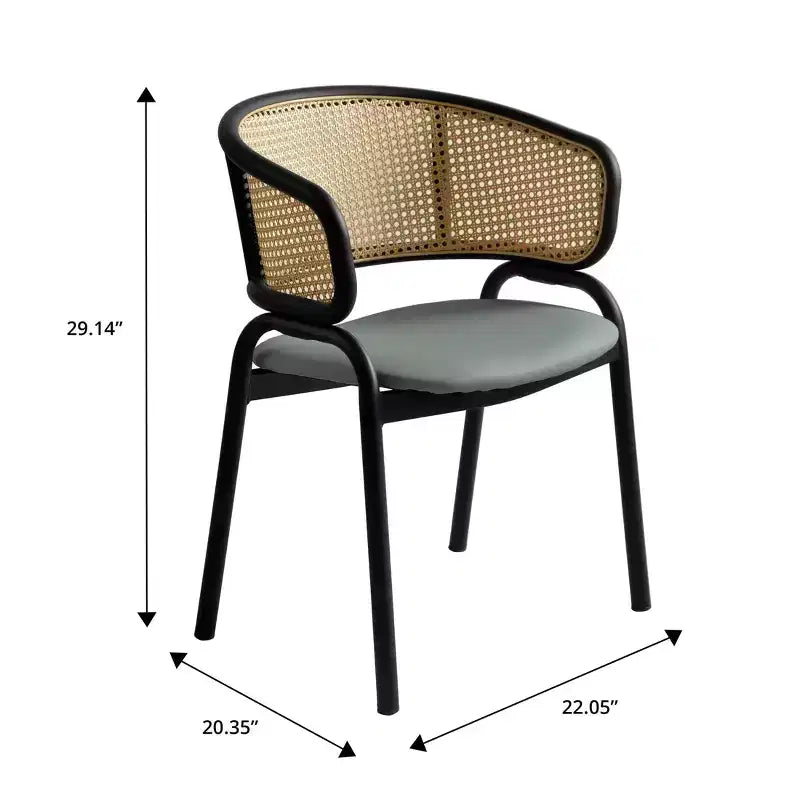 LeisureMod Ervilla Set di 2 sedie da pranzo con schienale in vimini, sedile in pelle e struttura in acciaio nero, moderno, per cucina interna, sala da pranzo, posti a sedere a tavola