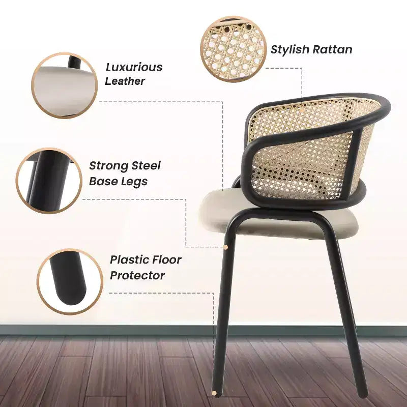 LeisureMod Ervilla Set di 2 sedie da pranzo con schienale in vimini, sedile in pelle e struttura in acciaio nero, moderno, per cucina interna, sala da pranzo, posti a sedere a tavola