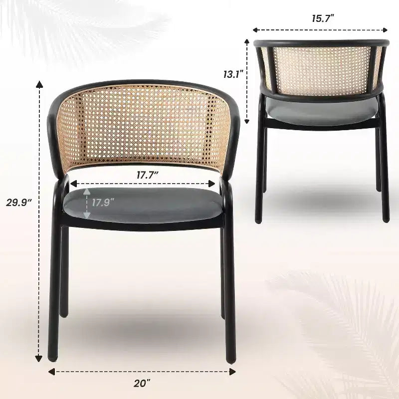 LeisureMod Ervilla Set di 2 sedie da pranzo con schienale in vimini, sedile in pelle e struttura in acciaio nero, moderno, per cucina interna, sala da pranzo, posti a sedere a tavola