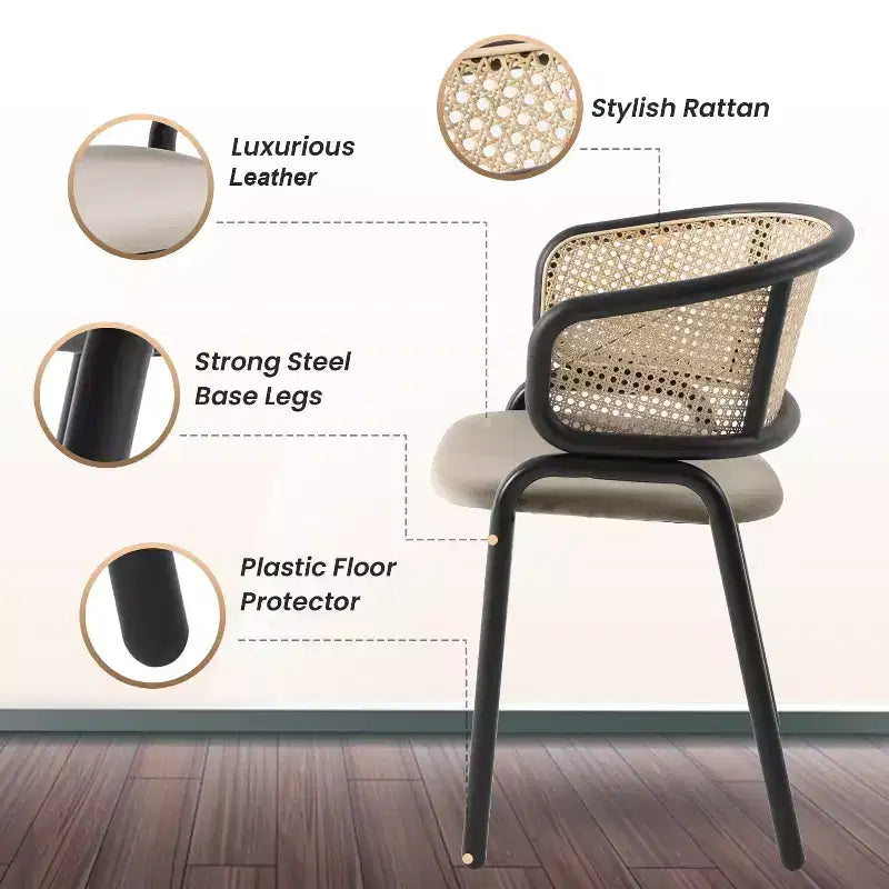 LeisureMod Ervilla Set di 2 sedie da pranzo con schienale in vimini, sedile in pelle e struttura in acciaio nero, moderno, per cucina interna, sala da pranzo, posti a sedere a tavola