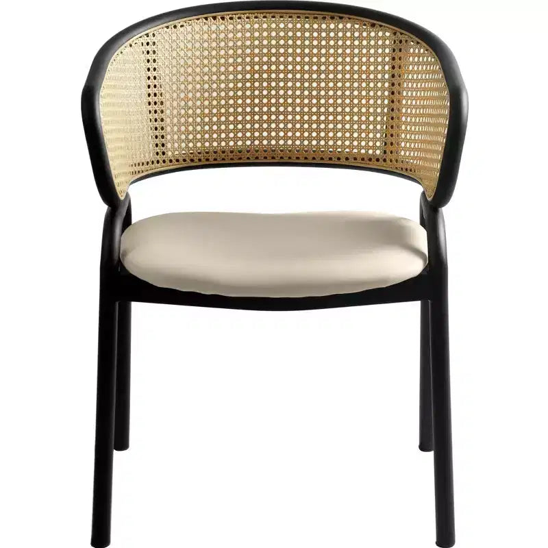 LeisureMod Ervilla Set di 2 sedie da pranzo con schienale in vimini, sedile in pelle e struttura in acciaio nero, moderno, per cucina interna, sala da pranzo, posti a sedere a tavola