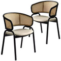 LeisureMod Ervilla Set of 2 Wicker Back Dining Chairs with Leather Seat and Black Steel Frame, Modern Indoor Kitchen, Dining Room, Table Seating