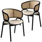 LeisureMod Ervilla Set of 2 Wicker Back Dining Chairs with Leather Seat and Black Steel Frame, Modern Indoor Kitchen, Dining Room, Table Seating