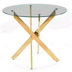 Elegante tavolo da pranzo dorato con ripiano in vetro e gambe incrociate