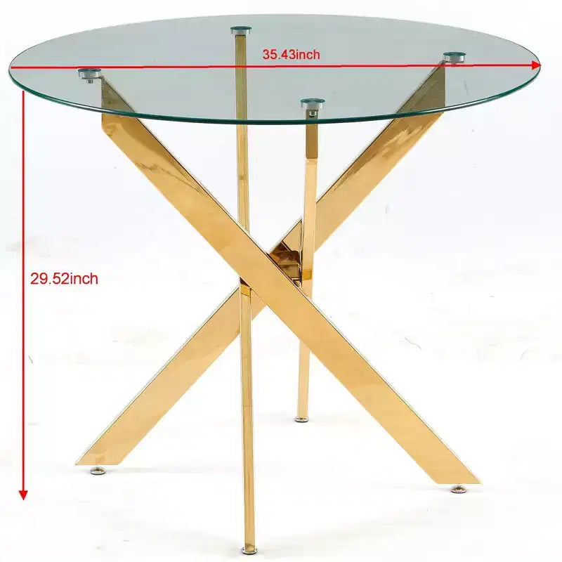 Elegante tavolo da pranzo dorato con ripiano in vetro e gambe incrociate